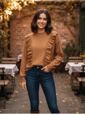 Emily McCarthy Ruffle-Trim Crewneck Sweater - Camel  M